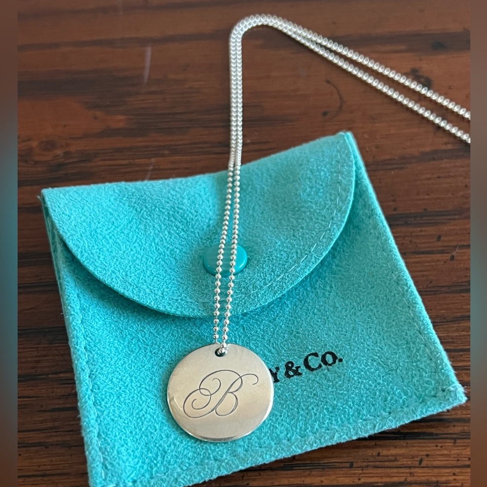 Tiffany & Co. Silver Large Round Initial 'B' Pendant with 18” Ball Chain